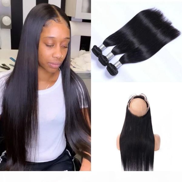 

360 lace frontal with bundles human hair weave bundles with closure peruvian straight virgin hair extension 4 pcs lot, Black;brown