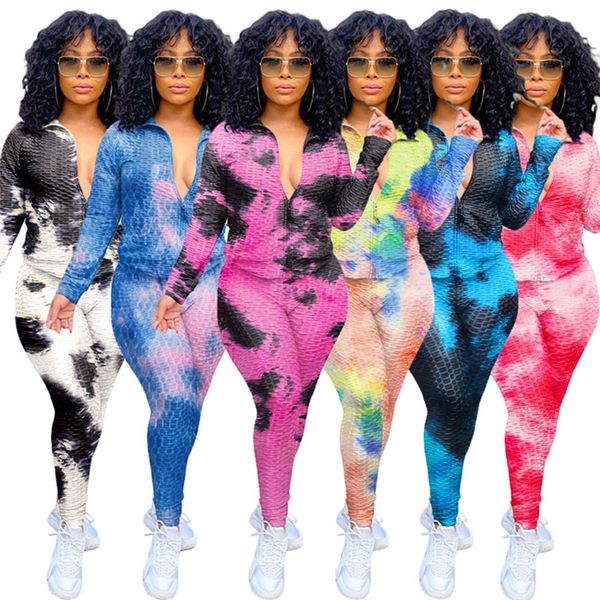 

women tie-dye jacket pants 2 piece sets yoga sweatsuits cardigan leggings fall winter casual clothing sportswear gym outfits outerwear 4260, White