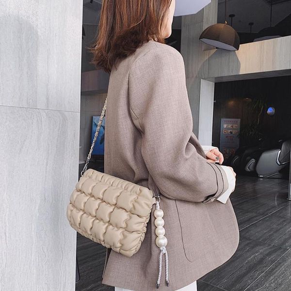 

women shoulder handbag leather messenger bag ladies portable delicate soft surface pearl pendant chain satchel