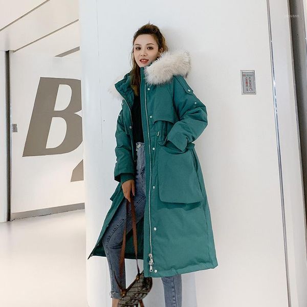 

winter new korean high-end loose large size hooded big fur collar thickened parka down jacket ladies long coat puffer jacket1, Black