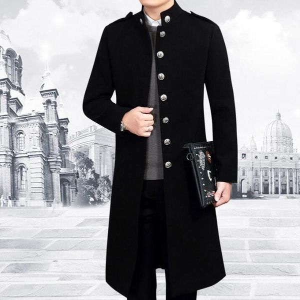 

men's korean slim stand collar metal buckle long windbreaker woollen coat mens fashion personality jackets stage costume1, Black
