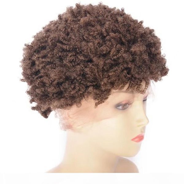 

kinky curly human hair wig with lace front 27# short cambodian colored hair wig for black women, Black;brown