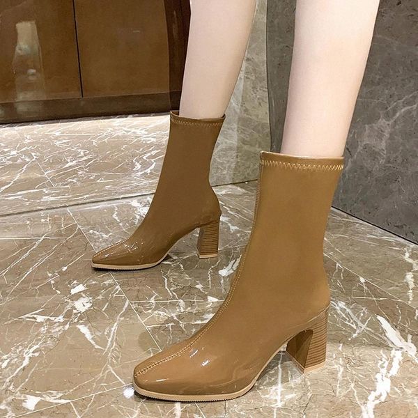 

rimocy fashion patent leather boots women elastic square toe high heels shoes woman waterproof slip on winter mid calf boots #xf7s, Black