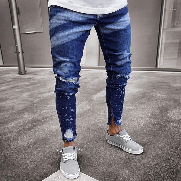 

stylish men ripped skinny jeans destroyed frayed slim fit denim pants trousers fea8891, Blue