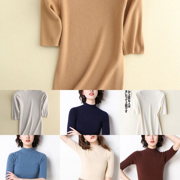 

средний шелк льда футболка 5 4 половина высокой шеи короткого рукав базового слой футболка женщины пригонка половина рукава с пружинным тонк, White