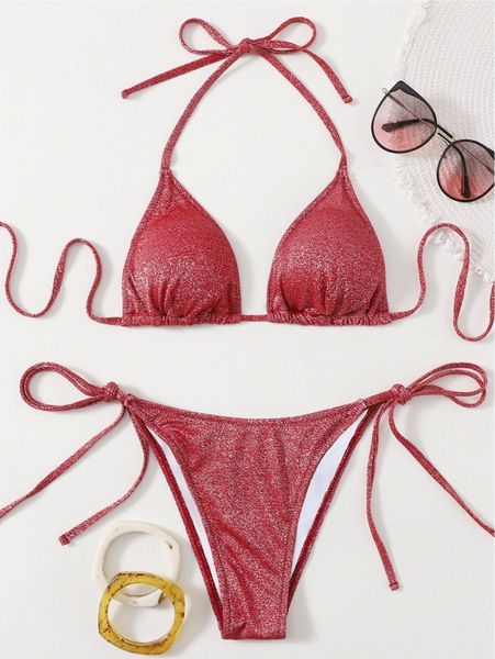 

glitter triangle tie side bikini swimsuit d5io#, White;black