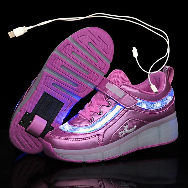 

fashion black pink white usb charging girls boys led light roller skate shoes for children kids sneakers with one wheels