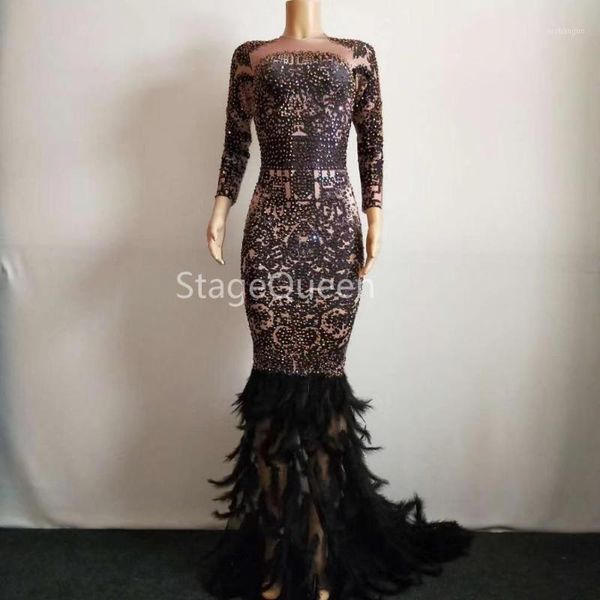 

sparkly colorful rhinestones black feather long dress glisten full stones big tail dress costume prom birthday celebrate1, Black;red