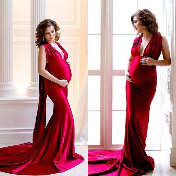 

red mermaid maternity dresses satin deep v neck long baby shower maternity gown pshoot bathrobe nightwear pregnancy, White;pink