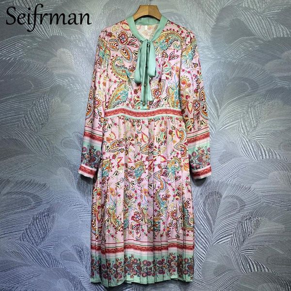 

seifrmann women spring fashion runway party midi dress bow lantern sleeve vintage printed high waist ladies a-line dresses 2021, Black;gray
