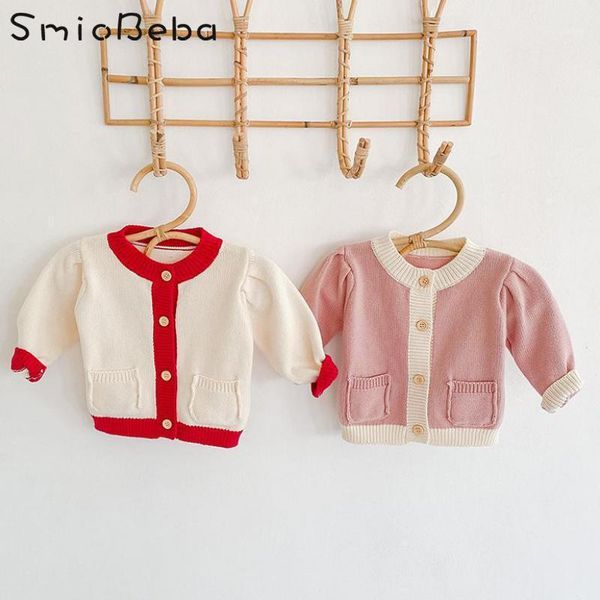

ins 2020 boys and girls knitted coats children pocket bubble sleeve color matching jacket versatile cardigan pink coat kids1, Blue;gray