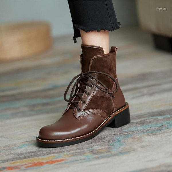 

winter boots women 2021 genuine leather ankle boots women with lace up chunky heel splicing fashionable1, Black