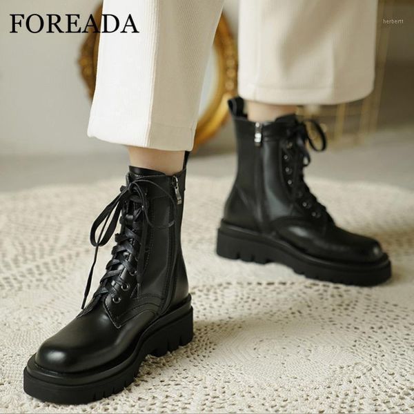 

boots foreada motorcycle woman real leather ankle zip flat platform shoes lace up female short autumn winter size 401, Black
