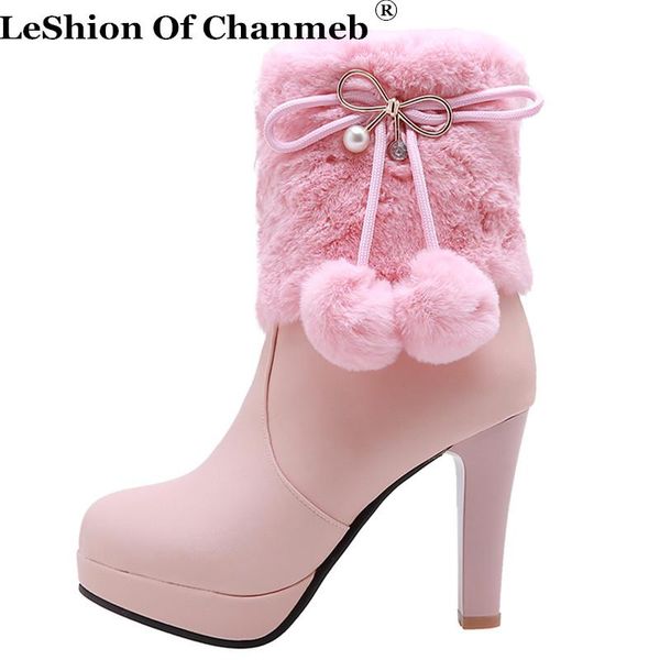 

promotion thick bottom cashmere maomo middle tube girl pink sleeve sweet bow pompom high-heel women lolita boots plus size 34-43, Black