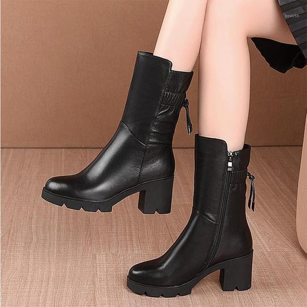 

rubber boots for women genuine leather 2020 winter women's shoes mid-calf boots non slip plush warm high heel women's1, Black