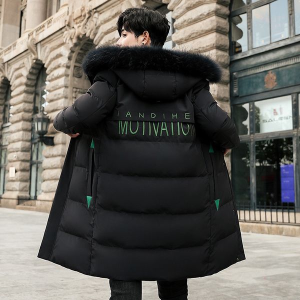 

winter long men's korean version of handsome hooded down jacket, Black