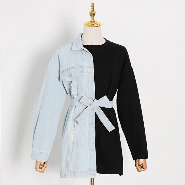 

stitching denim waist knitted lace sweater women 2020 autumn and winter loose denim jacket women, Black;brown