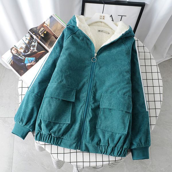 

women autumn winter jacket thick fur coats hooded parkas female soft fur lining corduroy bomber jackets loose outwear 2021 newx1016, Black;brown