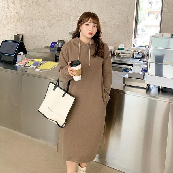 

xl to 4xl plus size winter dress women thick plus fleece hooded long dresses for women solid midi casual robes t99911, Black;gray