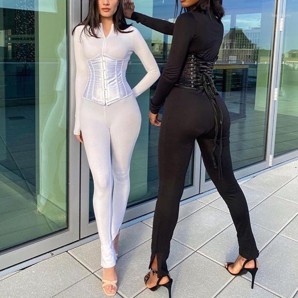 

autumn fashion women 2 piece outfits casual jumpsuits+bandage corset matching set activewear fitness skinny stretchy1, Gray