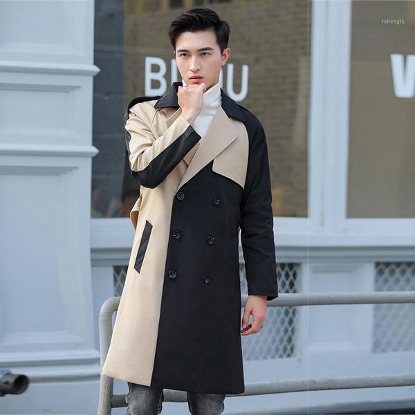 

new contrast color men trench luxury medium length mens jackets and coats plus size 4xl fashion slim fit casual jackets men1, Black