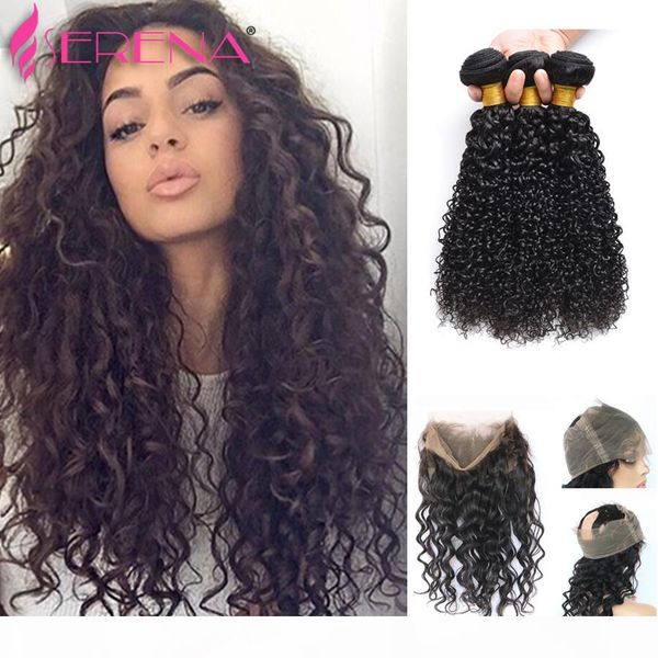 

360 lace frontal with bundle deep curly brazilian virgin hair with frontal closure water wave 360 lace frontal closure with bundles, Black;brown