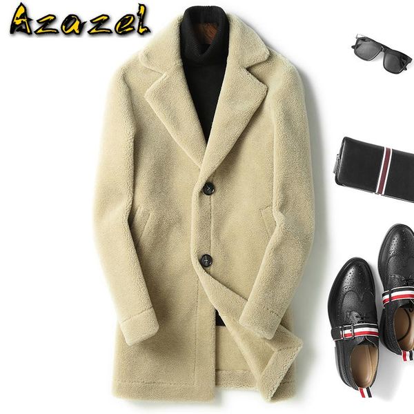 

azazel 100% wool coat real fur men sheep shearing long autumn winter jacket suede lining mens fur coats t-85-kl8013 kj1364, Black