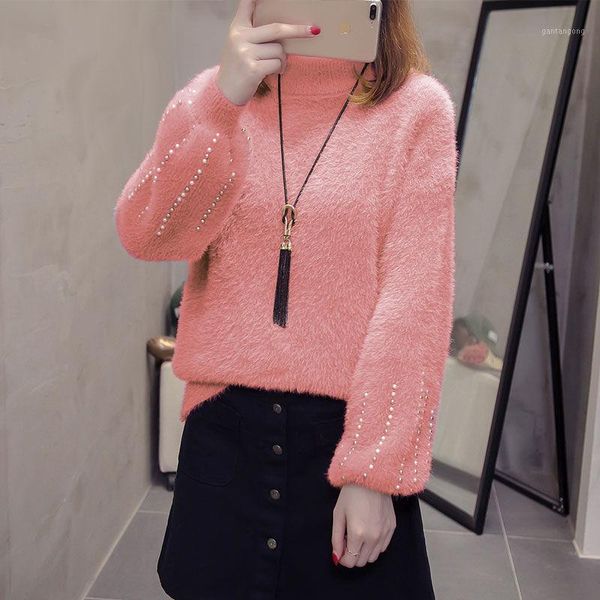 

new sweater women's beaded pullover bottoming shirt with velvet/no velvet korean fashion1, White;black