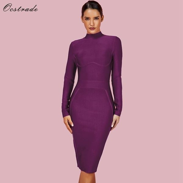 Ocstrade Womens Christmas Party Winter Vestido New Bandage Dresses High Neck Purple Rayon Sexy Bandage Dress manica lunga 201029