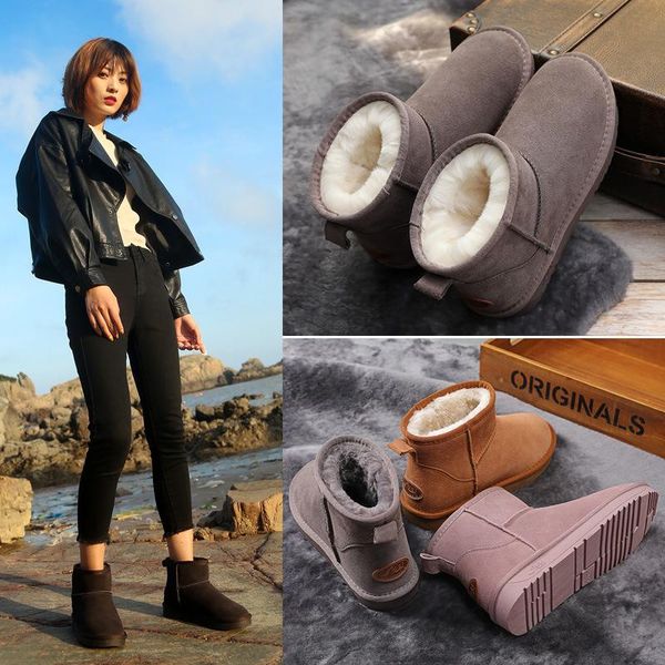 

genuine leather snow boots women's 2020 winter thick warm non-slip flat short tube women's snow boots thigh high, Black