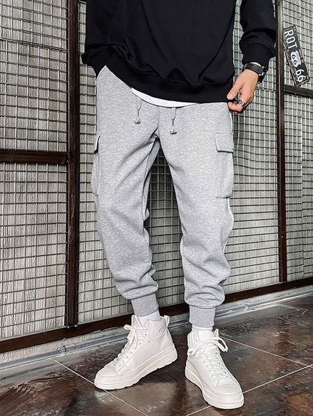 

men slogan patched detail flap pocket side drawstring waist sweatpants 79xj#, Black