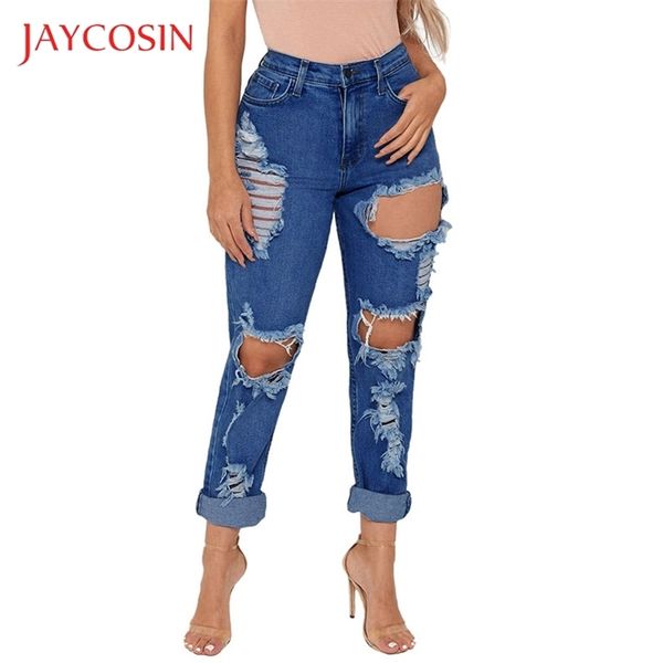 

jaycosin ripped jeans for women pocket hole ripped stretch high elastic pencil pants push up high waist jeans mujer 87 t200608, Blue