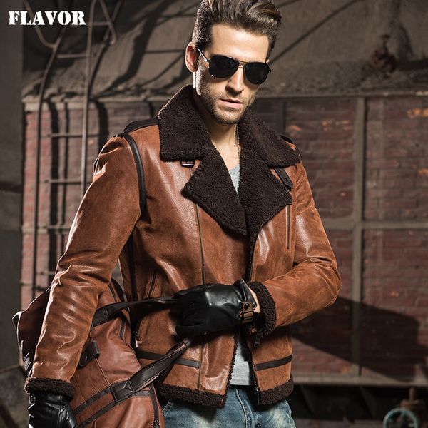 

men's genuine leather pigskin motorcycle real leather jackets with faux fur shearling aviator bomber jacket winter coat men x1025, Black