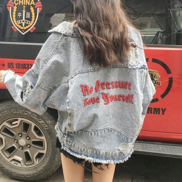 

new women clothes 2020 vintage embroidery jean denim coat jackets ripped spring autumn 9ct00471, Black;brown