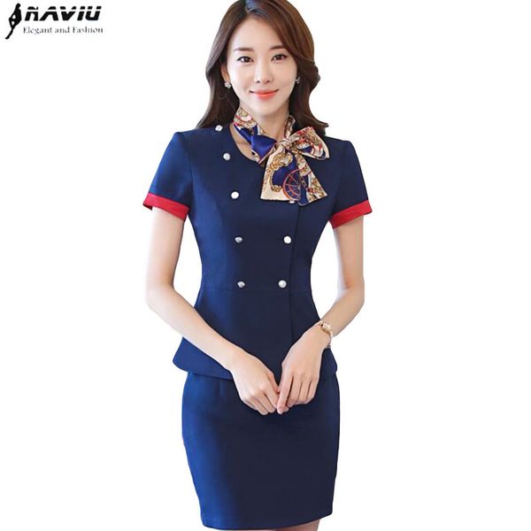 Professionelle Set Stewardess Uniformen Neue Mode Formale Frauen Kurzarm Blazer Mit Rock Büro Damen Plus Größe Arbeit Tragen 200922