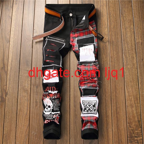 

patchwork casual pants elastic leggings men's black printed pants punk casual pants