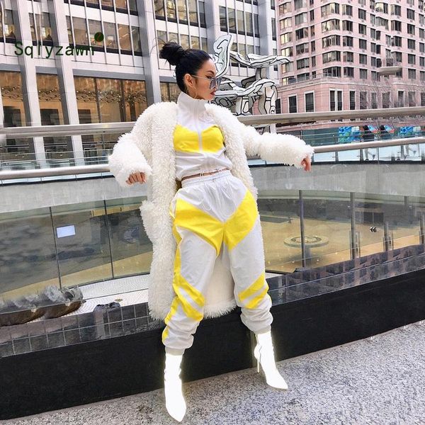 

autumn patchwork women two piece outfits zipper turtleneck long sleeve crop + pants streetwear tracksuit women matching sets, White