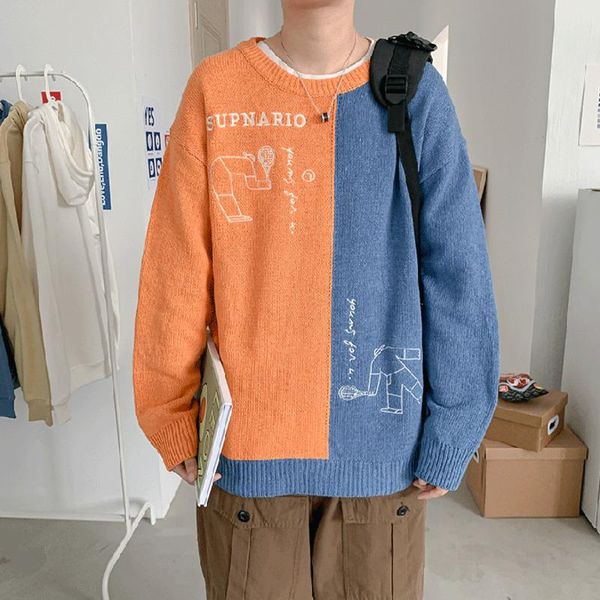 

new pullovers men patchwork sweater letter knitted autumn outwear harajuku trendy o-neck retro chic streetwear ulzzang loose, White;black