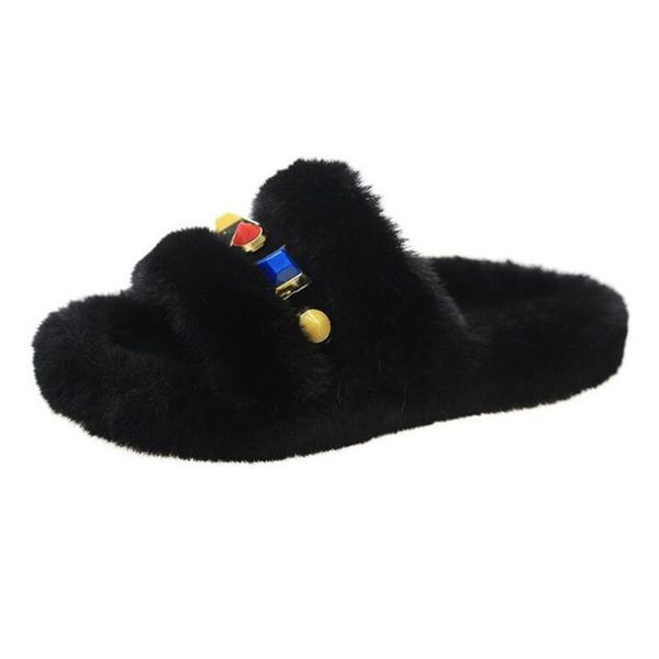 

plush warm winter slippers womens furry outside flat shoes women autumn thick heel fake fur slides warm snug women slippers, Black