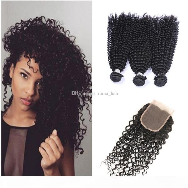 

8a malaysian curly hair with closure jerry curl 3pcs human hair bundles with lace closures malaysian kinky curly maylasian hair with closure, Black;brown