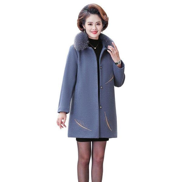 

blended wool coat female autumn winter women fur collar leaves embroidery coats women's clothing elegant outerwear mother dress, Black