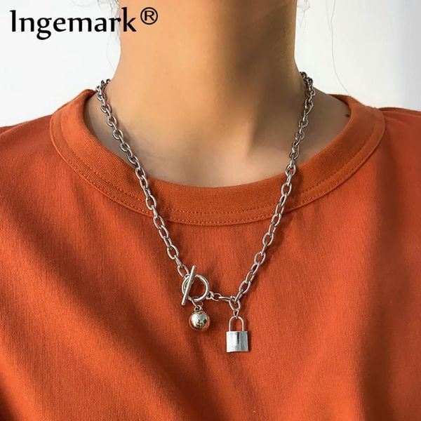 

lover lock pendant choker necklace vintage goth lariat beaded stainless steel long chain necklace women men jewelry, Silver