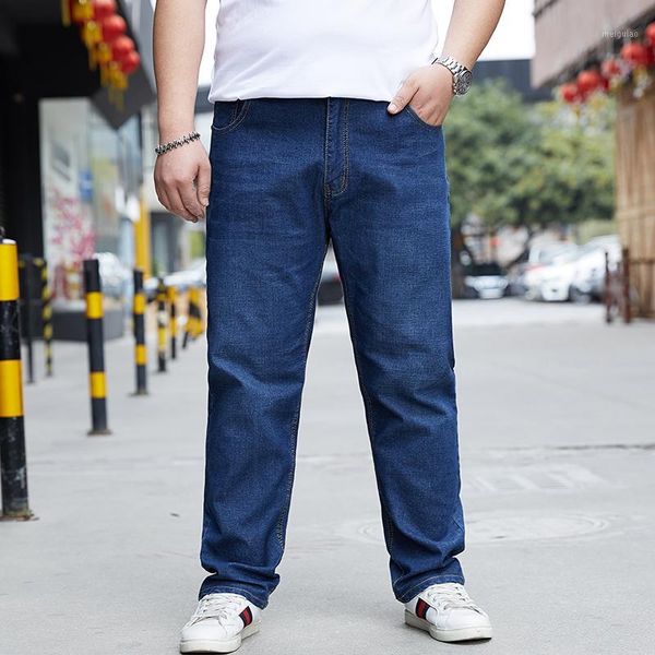 

2020 new men's stretch jeans plus fertilizer plus extra size loose wide-leg pants fat casual fashion straight wear pants1, Blue