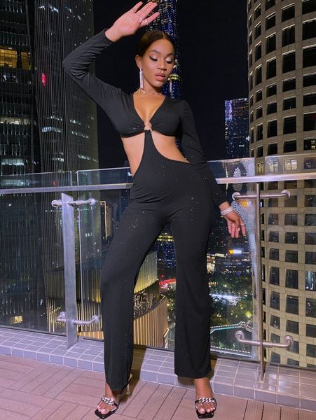 

sxy plunging neck o-ring cut out waist jumpsuit n1o0#, White