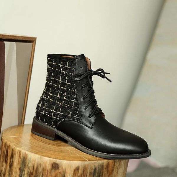 

cross-tied motocycle boots women ankle boots genuine leather low heels shoes woman autumn winter round toe, Black