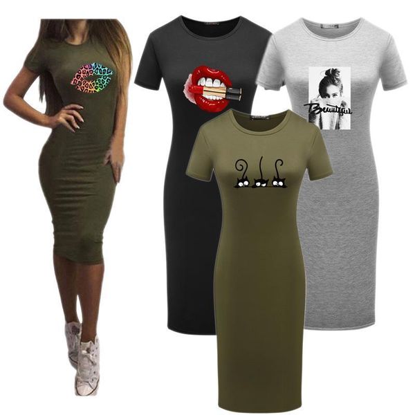 

womens dress vestido 2020 summer clothes short sleeve slim bodycon dress tunic round neck casual slim tshirt dresses for women, Black;gray