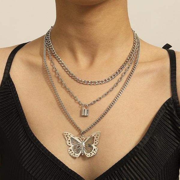 

european and american retro temperament geometric creative hollow butterfly mix and match lock-shaped necklace, Silver