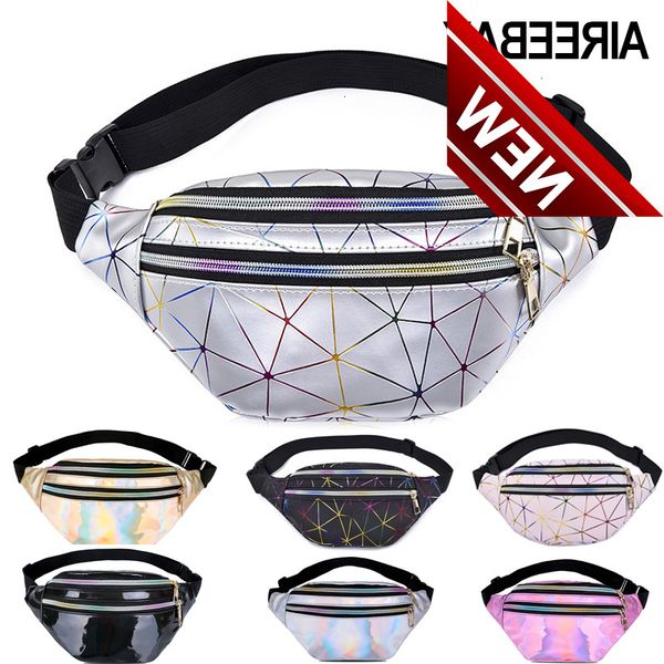

aire holographic bags women silver fanny pack female belt bag black geometric waist packs laser chest phone pouch