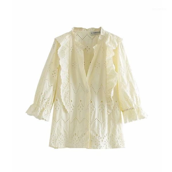 

new women fashion hollow out embroidery casual blouse sweet v neck pleat ruffles shirt chic blusas female chemise ls37221, White