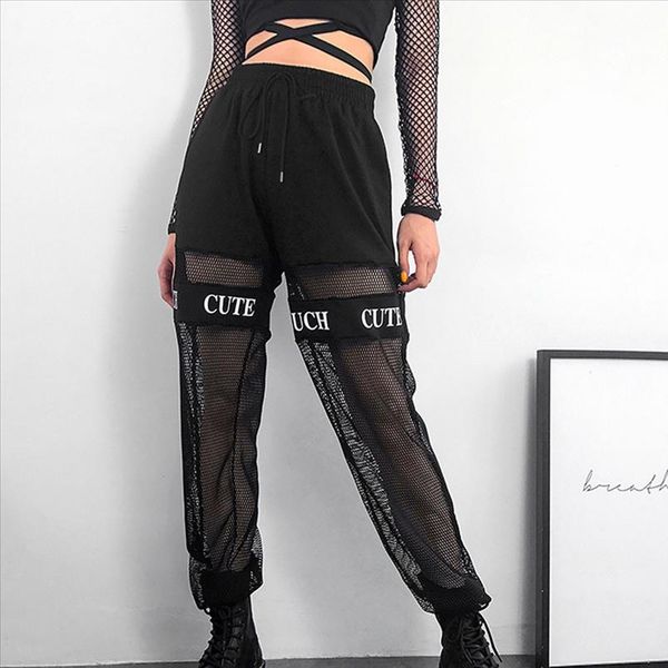 

sweat pant letter print pantalon mujer mesh joggers women high waist black casual trouser hip hop funny sweatpants femme j30, Black;white